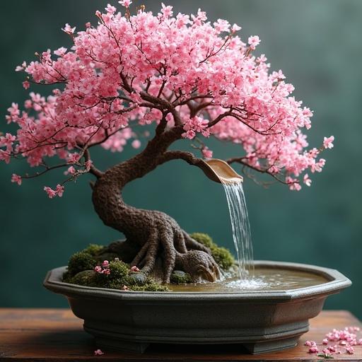 A cherry blossom bonsai tree is displayed as a water fountain. The tree is vibrant and has pink flowers while water flows gently from a spout.