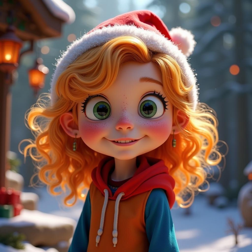 Character stands in a whimsical setting. Character has vibrant orange hair and wears a red hoodie. Background features holiday decorations and a magical forest. Character evokes a cheerful and imaginative tone. Ideal for older audiences.