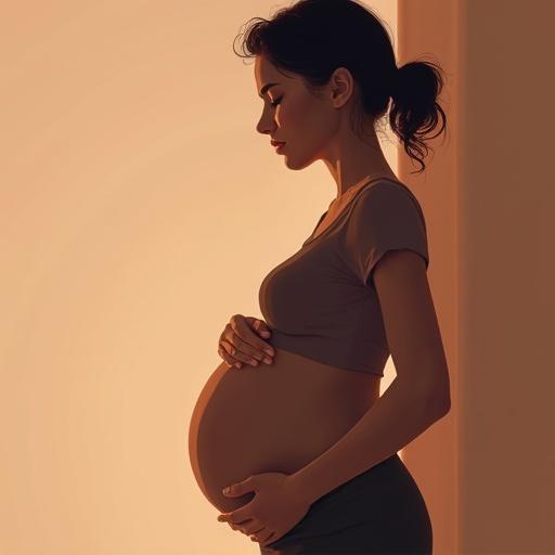 A pregnant woman in the ninth month gently cradling her belly. The scene is set in a warm, softly lit environment creating a nurturing atmosphere. Focused on the woman's profile highlighting her pregnancy.