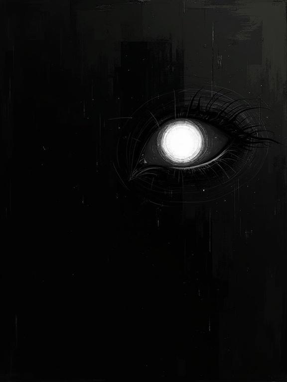 Digital oil illustration on black background. Eye silhouette emerges from corner. Pixelated glitch effect radiates from eye.