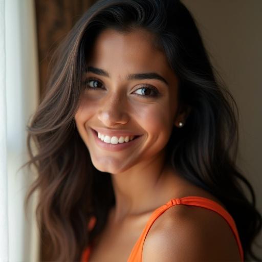 A smiling girl with expressive eyes and a dimple on her cheek. She shows confidence and warmth. The image captures her in a natural setting with good lighting that highlights her features.