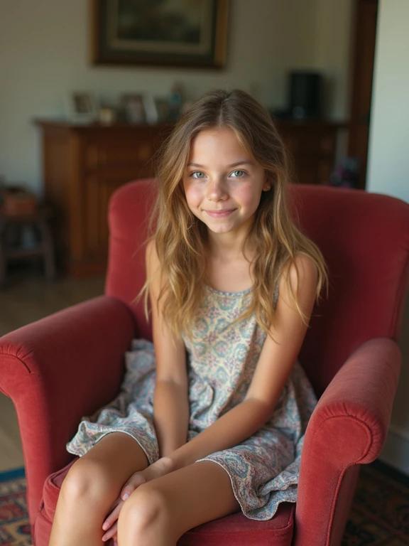 A teenager sitting on a red chair in a living room. She wears a colorful sundress with a floral pattern. The room is bright and airy with natural light. A colorful rug is visible on the floor. The girl has a shy smile that adds to her beautiful appearance.