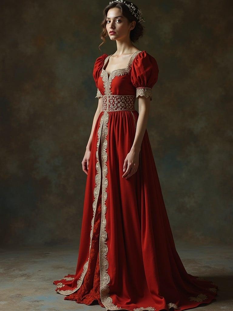 Image showcases a red ball gown with golden accents. The gown features puffy sleeves and intricate detailing. The background has a muted texture that complements the dress, highlighting its elegance.