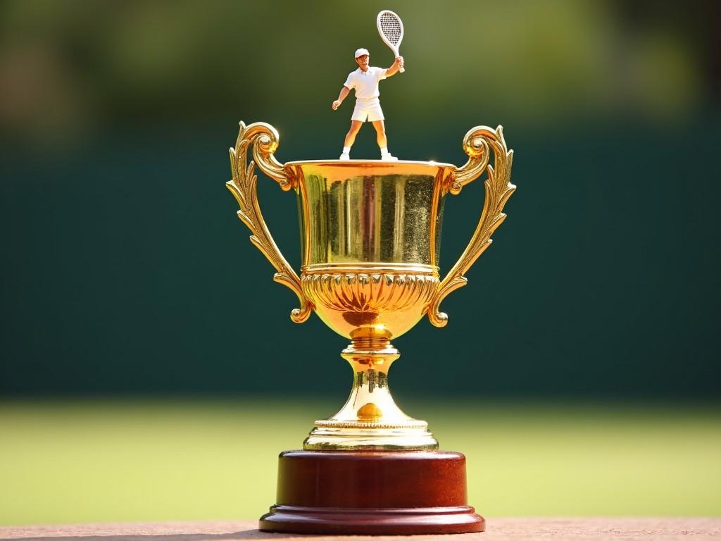 This image features a gleaming golden trophy, symbolizing achievement in tennis. Atop the trophy stands a small, detailed miniature figure of a tennis player, poised with a racket. The trophy itself showcases intricate designs, highlighting its significance. The background is softly blurred, suggesting a tennis court, emphasizing the sports theme. Soft natural light enhances the trophy's shine, making it a perfect representation of victory in tennis.