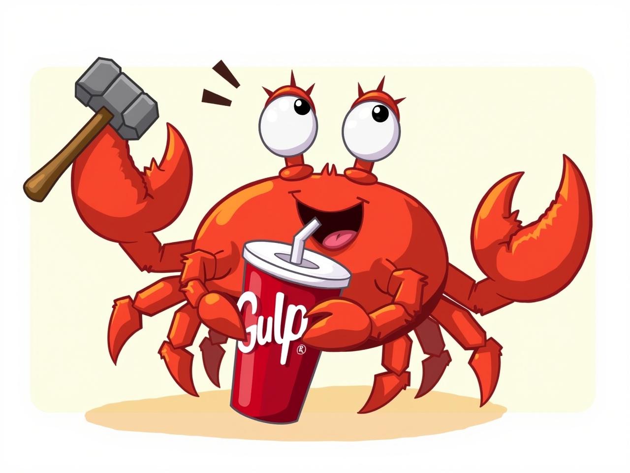 A cartoon crab character is depicted joyfully. In one claw, it holds a hammer, conveying a sense of playfulness. In the other claw, it clutches a red cup with the word "Gulp" written in cursive. The crab is drinking from the cup using a straw, suggesting it's enjoying a refreshing drink. The overall illustration has a vibrant and cheerful style, making it appealing and fun.