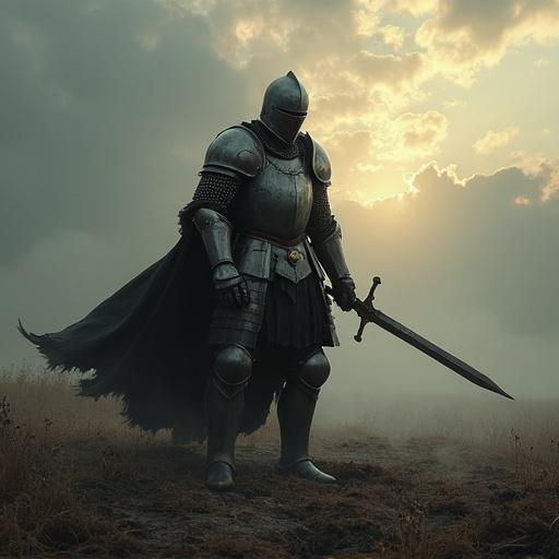 A solemn knight stands in a desolate field. The knight is clad in detailed metal armor. In hand, a gleaming sword ready for battle. Behind, a dramatic sky with clouds illuminated by the setting sun. The ground is barren and dusty. The atmosphere is thick with a sense of impending conflict or bravery.