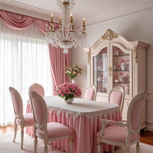 Elegant rococo dining room featuring pink, gold, and white colors. Light pink and white table with matching chairs. Crystal chandelier overhead. Lace tablecloth with vase of pink roses. Lighted china cabinet displaying rose print china set.