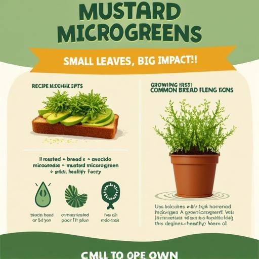 Design vibrant student-friendly vertical poster titled 'Mustard Microgreens: Small Leaves, Big Impact!' Use earthy tones and bright accents. Incorporate recipe highlight with image of avocado toast topped with mustard microgreens and minimal text. Add growing tips with icons for challenges like overwatering, poor airflow, and pests. Include call to action with image of small pot of mustard microgreens and text. Layout should be dynamic with bold colors and clean design focusing on visuals.