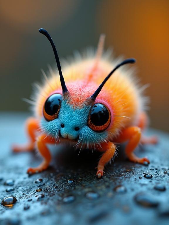 Close-up image of a colorful insect with a gradient from orange to blue. Large eyes with orange irises, fuzzy body, black antennae and droplets of water. Resting on a muted blue-gray surface with soft bokeh background in warm and cool tones.