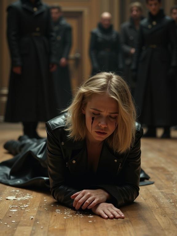 Young woman depicted in a dramatic pose. She lies prostrate on a wooden floor. Her chest and arms are on the floor, face down. She wears a black leather coat and appears distressed. Tears run down her face. Expression shows anguish, mouth slightly open. Figures in dark coats are in the background. The setting is a large ornate room. The polished wood floor is emphasized by light from an angle. Composition highlights the woman's suffering, with dramatic elements from background figures. Scattered debris visible on the floor. Artistic style is dramatic and historical.