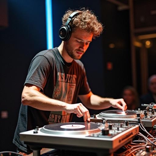 DJ performing at the 1992 Ortofon World DJ Mixing Championships. DJ operates two turntables with intensity. Quick turntable tricks executed with precision at a fast pace. Dynamic music event atmosphere.