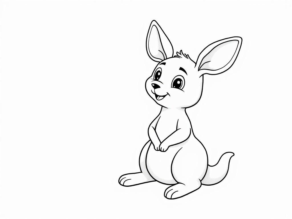 This image is a charming black and white drawing of a small kangaroo, depicted in a cartoon style. The kangaroo is posed sitting with its hands clasped, wide eyes, large ears, and an engaging smile, evoking a sense of joy and friendliness. The simplicity of the monochrome lines enhances its playful character, making it suitable for children's illustrations and educational materials.