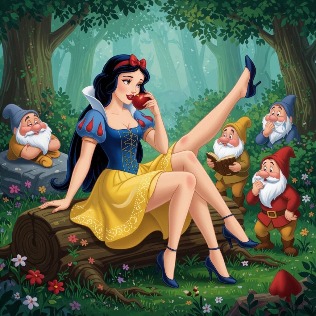 Snow White sits on a log. One leg crosses in the air. A tight dress accentuates her figure. A red apple is near her lips. She has long black hair with a red ribbon. Seven dwarfs surround her. One is sleeping on a rock. Another looks angrily. One reads a book. A dwarf smiles widely. Another sneezes into a handkerchief. One hides behind a bush. Another dances awkwardly. The setting is a detailed enchanted forest with magical elements.
