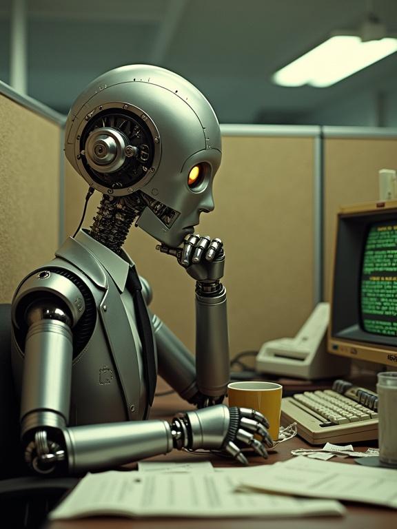 Humanoid robot designed with retrofuturistic style. Sleek metal exoskeleton with chrome and brass. Exposed gears and glowing vacuum tubes on head. Robot wears a wrinkled suit and tie. Sitting at a cluttered desk in a beige cubicle. Papers and floppy disks are scattered. Old CRT monitor shows green text. Nearby are a rotary phone and coffee mug. Robot posed thoughtfully, eyes on screen. Atmosphere combines nostalgia and eerie intelligence. Filmic grainy texture enhances retro vibe.