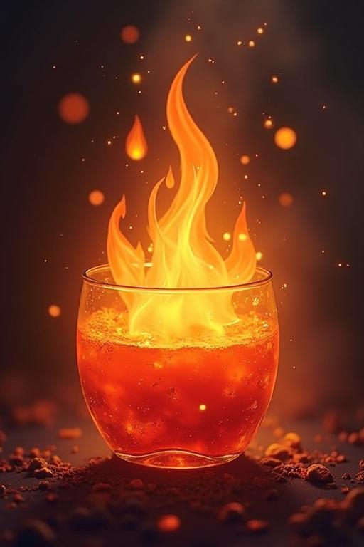 Glass cup with flames emerging from it. Warm colors. Magical fire effect. Sparkling details. Dark background with a blurry ambiance.