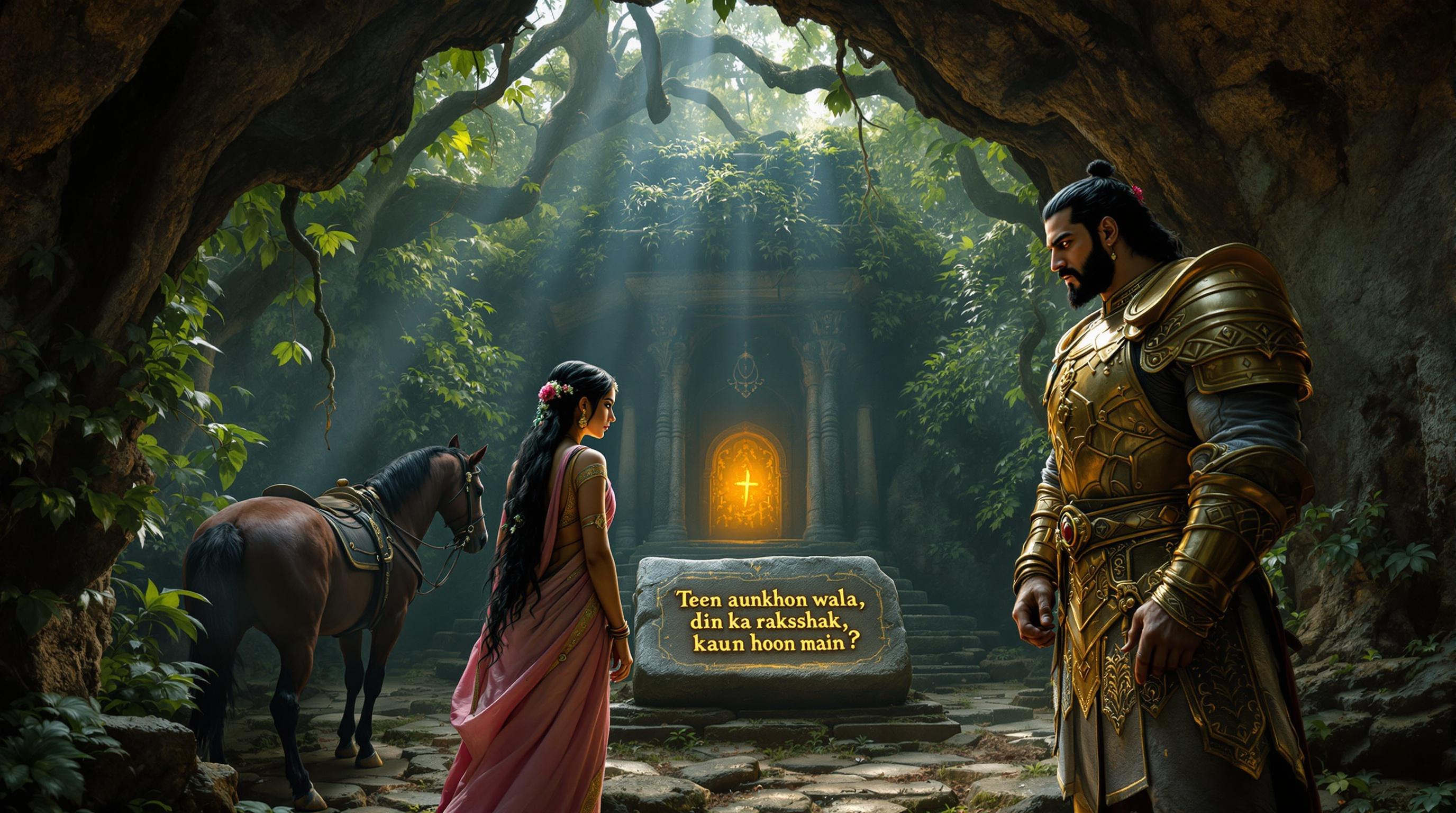 A vivid scene of Queen Mriganjali and King Rudrasen at a crumbling temple. The queen reads riddle. King stands beside with sword. Surroundings are mystical and captivating.