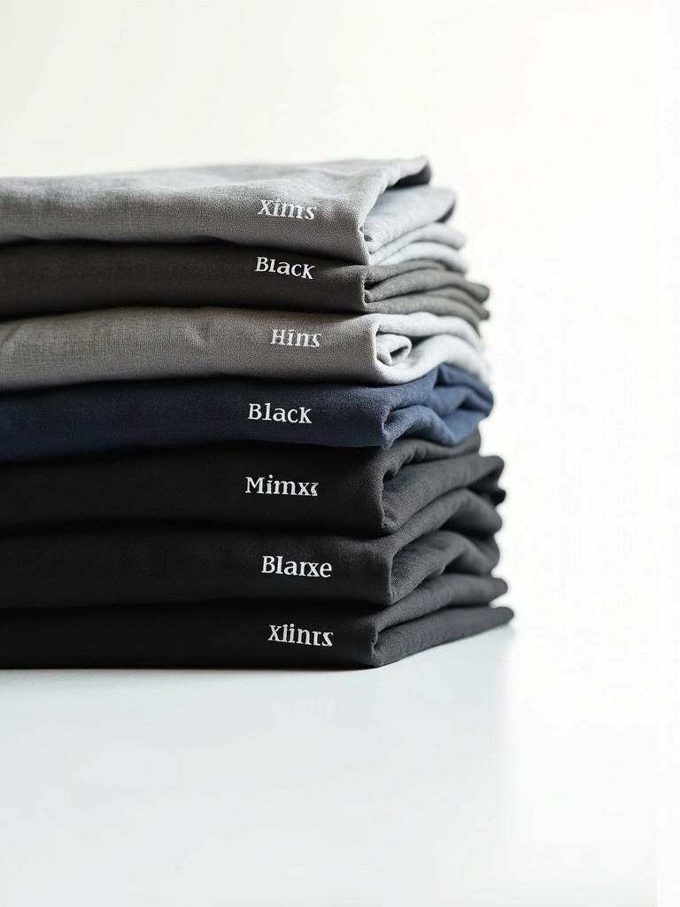 Image showcases a stack of fabric showing tints of black labeled with names on a white background. Stack of clothing shifted to the left. One-third of white background on the right side.