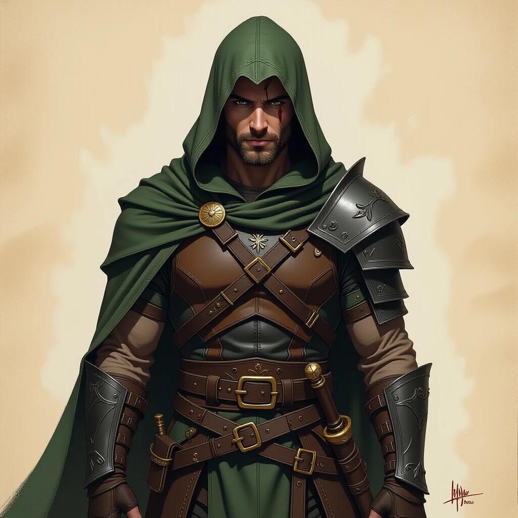 Hooded elf. Man in his thirties. Stubble. Heavily scarred. Rogue and assassin with leather armor. Background fades into worn parchment paper. Digital art style similar to Antonio J. Manzanedo. Themes of epic fantasy and medieval.