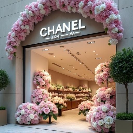 Flower shop named Chanel Flowers from outside. Burj Khalifa visible in the background. Shop decorated with light pink and white flowers such as hydrangeas, peonies, and roses.