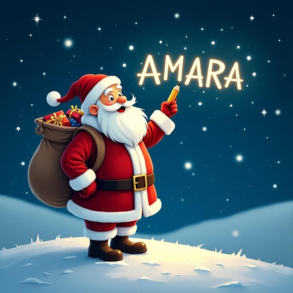 In a magical winter scene, a realistic-looking Santa Claus stands on a snowy hill under a starry night sky. He holds a pencil and gazes upwards, writing children's names in the sky. Santa is dressed in his traditional red and white suit, complete with a large sack of gifts on his back. The night sky sparkles with twinkling stars, creating an enchanting ambiance. The name Amara is displayed in a whimsical font, enhancing the festive atmosphere of the scene.