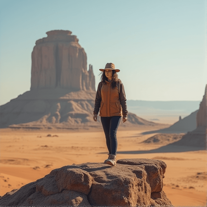 A person in a hat stands on a rock in a vast desert landscape with a large mesa in the background.