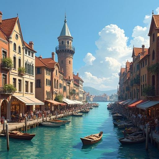 The image depicts a vibrant harborfront in Old Alune. The scene captures the canal bustling with activity. Boats float gently in clear turquoise water. Nearby buildings showcase charming architecture. The sky is filled with fluffy clouds. People enjoy the lively atmosphere. Cafes and markets line the streets. Tourists explore the area. The iconic spire stands tall.