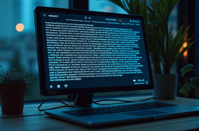 A computer monitor displays text in a dimly lit room with potted plants nearby.