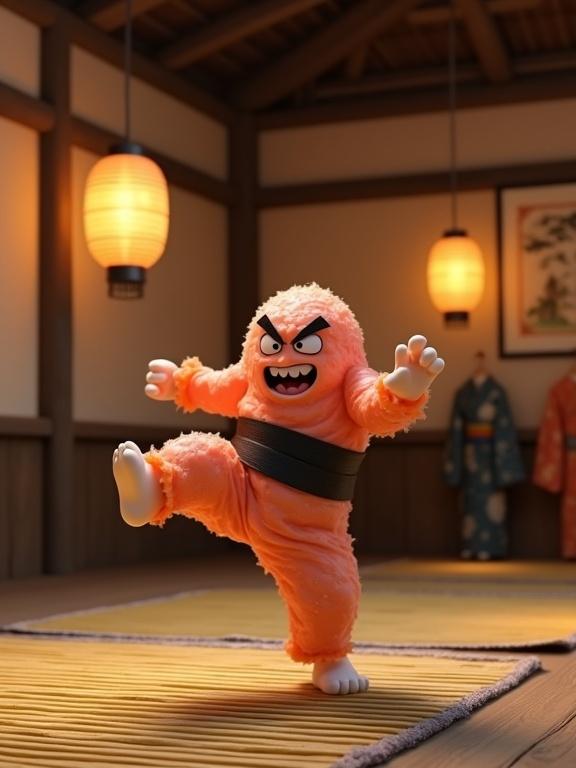 CGI sushi character practicing kung fu in a traditional Japanese dojo. The character looks animated with a determined expression. It performs a high kick. Evening lighting, bamboo mats on floor. Room has paper lanterns providing warm light. Beautiful Japanese paintings on walls, arranged kimonos in background. Dojo feels serene, a training space. Sushi is in focus, striking a dynamic pose.