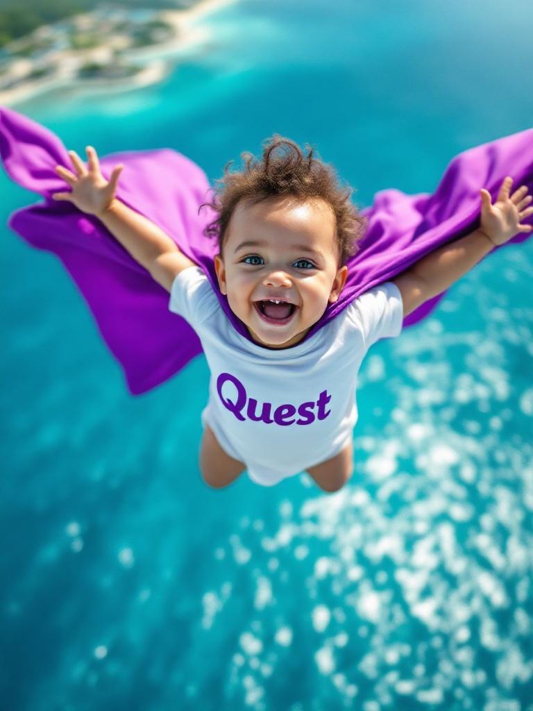 Happy baby soaring over the Caribbean Sea. Baby wears a white shirt with the word Quest in purple. Vibrant purple cape flutters behind baby. Ocean sparkles under sun, highlighting serene Caribbean landscape.