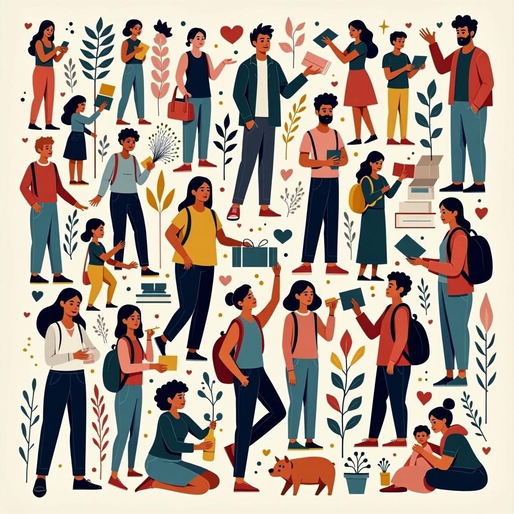 Illustrations depict a multitude of characters engaged in activities related to mental health. Scenes include individuals reading, planting, and interacting in a supportive environment. Illustrations communicate the importance of mental wellness and community.