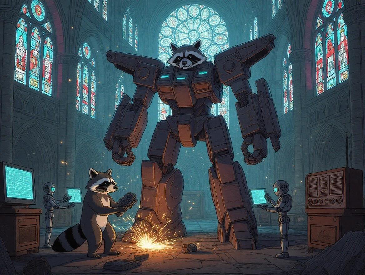 Muscular raccoon forging parts for giant mecha in stained glass industrial cathedral. Sparks fly everywhere. Robot assistants hand parts while listening to electronic music from analog radio.