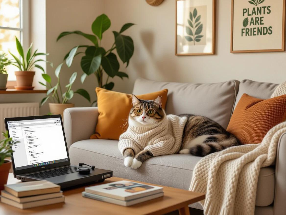 The image shows a warm room with a cat lounging on a mid-century couch. The cat wears glasses and a cozy oversized sweater. Surrounded by houseplants and books, a laptop is open nearby. A vintage record player is visible. A print saying 'plants are friends' is on the wall. The colors are neutral and warm, creating a calm atmosphere.