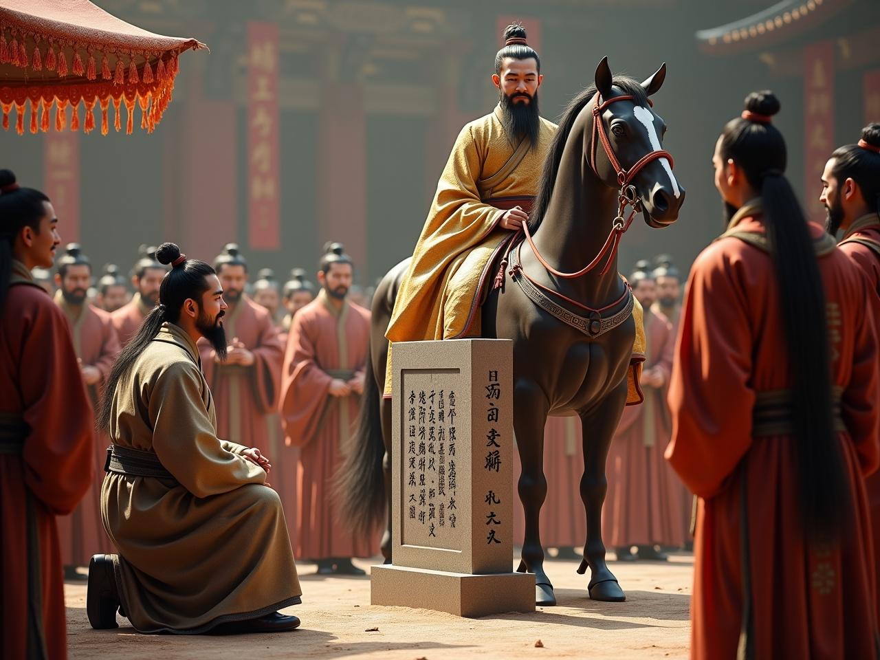 Generate a hyper-realistic photo capturing a pivotal moment in ancient Chinese history. On the left, Zhang Qian kneels in his humble yet dignified robe in earthy tones, bidding farewell to the Emperor Wu of Han, who sits atop a majestic horse. Zhang Qian has a neatly groomed scholar’s beard featuring a pointed goatee and a thin, slightly curved mustache, symbolizing his status and wisdom. Beside him, attendants in muted red and deep brown Han dynasty robes stand respectfully, reflecting their modest status and rugged journey. The emperor exudes authority with sharp features and almond-shaped eyes, adorned in a luxurious golden robe with intricate dragon embroidery, a tall ceremonial crown atop his head. His youthful face is clean-shaven, emphasizing his vigor and imperial poise. Surrounding him, attendants in vibrant red and gold robes maintain a calm demeanor, some sporting trimmed mustaches or short, well-kept beards. One attendant holds a square imperial canopy with flowing tassels. In the center, a stone stele with partially visible inscriptions adds historical depth, with soft yet dramatic lighting emphasizing the intricate details of the scene.