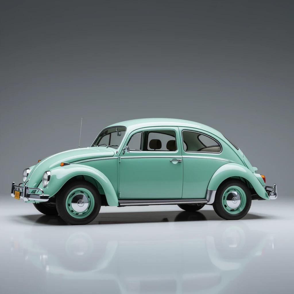 Ultra realistic photograph captures a 1950s Volkswagen Beetle in mint green color. The car is in pristine condition. Shot is taken from a low angle focusing on the side profile of the car. Image has a pure white background. Bright lighting enhances the details of the car.