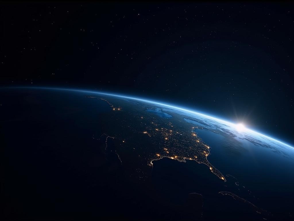 A breathtaking view of planet Earth from space at night. The vibrant blue planet is partially illuminated by scattered lights from urban areas, showcasing a tapestry of civilization against the dark expanse. The curve of the Earth is visible, with a subtle glow at the horizon indicating the transition to dawn. The stars sparkle in the deep black sky, providing a stunning backdrop to this celestial scene. Some elements of this image are furnished by NASA, enhancing the realism of this cosmic perspective.