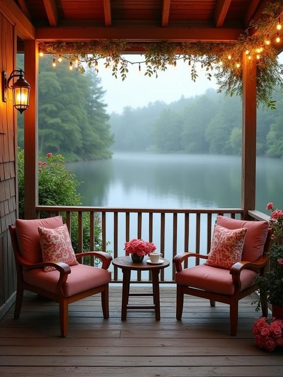 Serene romantic lakeside porch. Covered wooden porch with views of calm lake. Rustic charm with cozy elegance. Two wooden armchairs with pink cushions and floral pillows. Round side table with lamp, cup, and saucer. Lush green trees surround the lake. Soft amber lighting from lanterns and string lights. Perfect for relaxation or conversation.