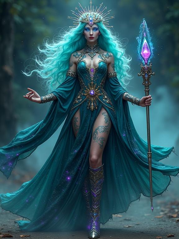 Full-body wide shot of a cosmic guardian woman standing majestically. Brilliant teal hair cascading in shimmering waves interwoven with iridescent silver. Ethereal face with glowing neon blue eyes resembling swirling galaxies. Complexion shifts in shades of deep obsidian with bioluminescent specks. Dressed in futuristic robes flowing like liquid metal down to delicate feet. Boots cover feet; intricate tattoos change color based on emotion. Cloak adorned with nanotechnology displaying floating symbols and runes. Wields a crystalline scepter embedded with gemstones. Holographic images of constellations project around. Crown resembling a futuristic halo with pulsating gemstones.