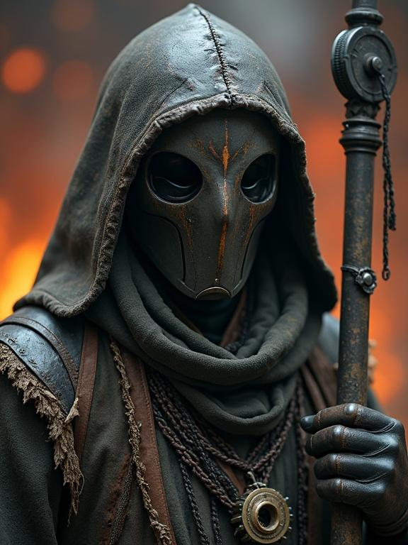 Close-up portrait of High Forgelord. Tribal leader of post-apocalyptic iron caste. Charred iron mask with asymmetrical design. Scars from heat with eye slits and etched markings. Heavy layered robes made from fireproof fabrics and scorched leather. Neck adorned with melted gear amulets and circuit fragments. Gloved hand holds a ritual staff topped with fused iron gear. Background glows with molten fire. Cinematic lighting and warm glow.