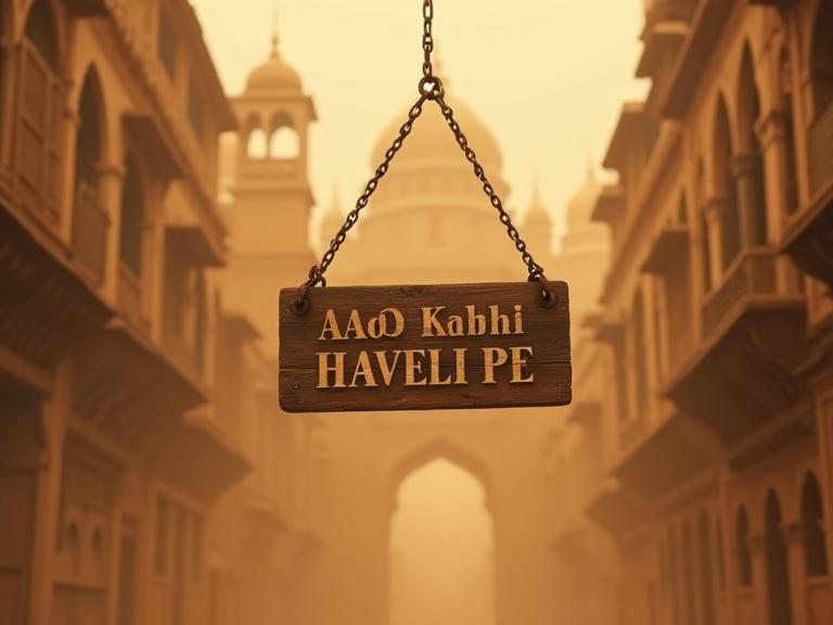 Cinematic wide shot of ancient Indian haveli street in sandstorm haze. Wooden signboard swinging with inscription. Background features Indo-Islamic haveli architecture with arches and domes. Dramatic lighting with cinematic depth of field and sharp detailing.