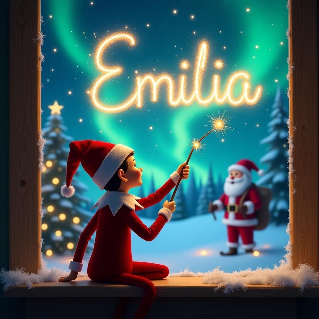 A festive scene featuring an elf on the shelf sitting by a window, facing the magical outdoors. The elf is using a wand to write the name 'Emilia' in bright, twinkling letters across the starry sky. The background showcases a beautiful snowy landscape illuminated by the northern lights. Santa can be seen in the distance, adding to the holiday charm. This scene captures the essence of Christmas magic, with warm lights and cheerful decorations creating a cozy atmosphere.