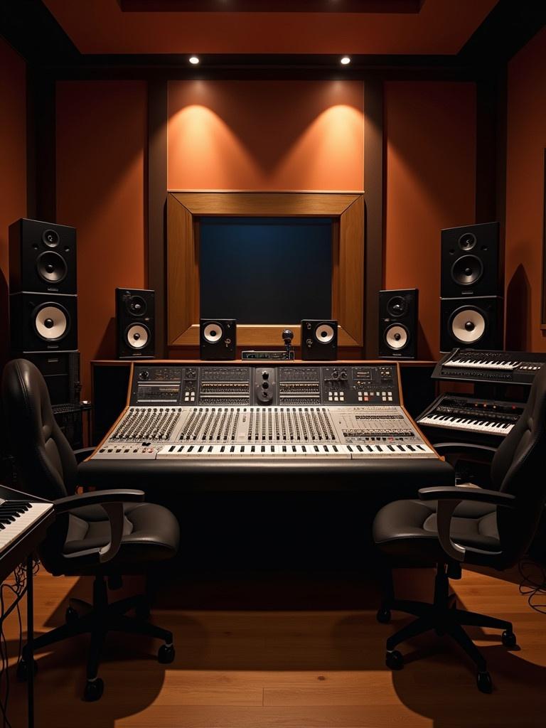 Image depicts a recording studio. Central mixing console is visible. Keyboards and equipment placed on the sides. The lighting is dim. Warm spotlights create a cozy atmosphere.