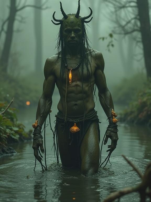 A primordial prince emerges from a murky swamp. Skin covered in moss and mud. Adorned with organic jewelry made from roots and luminous fungi. Thick mist surrounds the area. Sounds of unseen creatures are present. The scene has a vintage style and surreal elements. It captures a haunting atmosphere.