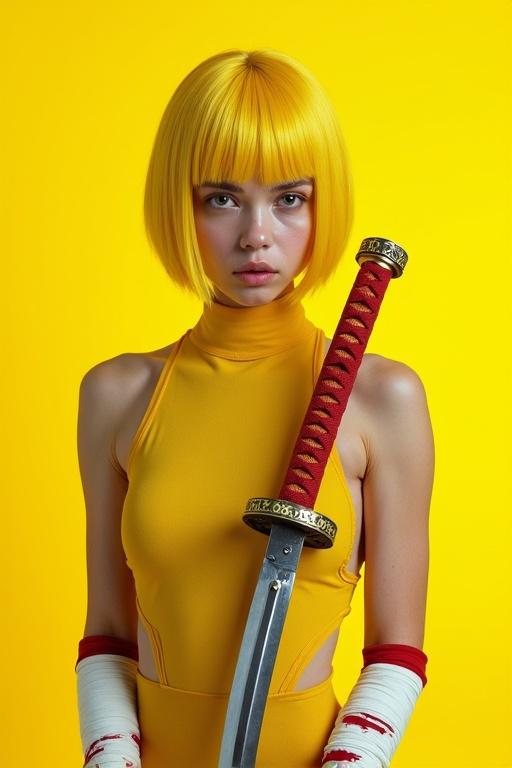 High-resolution photograph of a young woman with vivid yellow bob-cut hair. She has a pale complexion and intense eyes. Wearing a sleeveless yellow bodysuit with red details. Arms wrapped in white bandages. Holding a katana across her chest. Monochromatic yellow background.