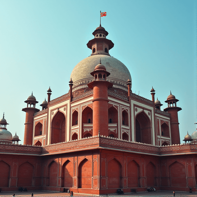 A grand red sandstone mausoleum with a large white dome and arched doorways, flanked by smaller towers, set against a clear blue sky.