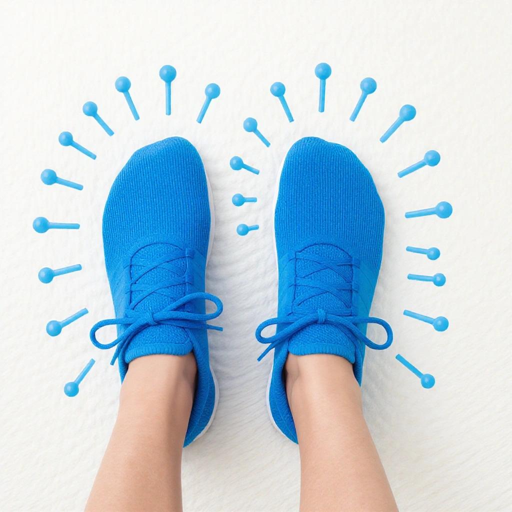 Feet wearing bright blue shoes on a soft surface. The shoes are looking fresh and vibrant.