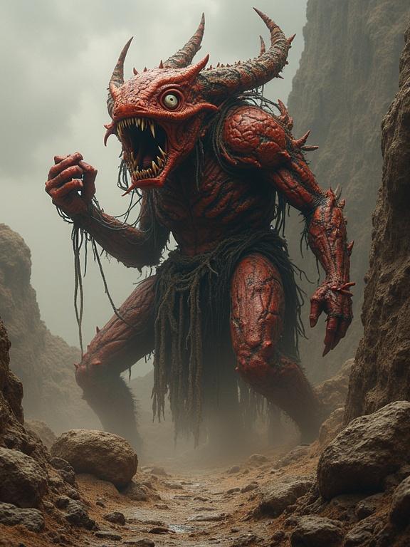 A monstrous figure standing menacingly in a rocky landscape. The creature has red skin, sharp teeth, and long horns. It is surrounded by fog and smoke, creating a dark and eerie atmosphere.