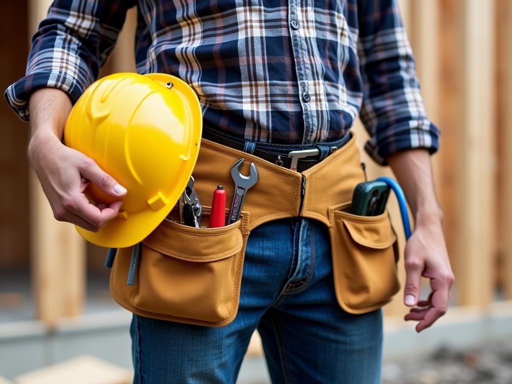 The image shows a worker from the neck down. He is wearing a plaid shirt with rolled-up sleeves and has a yellow hard hat held in one hand. Around his waist is a tool belt, equipped with various tools, including a wrench and pliers. The background reveals an unfinished building site with some wooden structures. The focus is on the worker's attire and tools, giving an impression of readiness and professionalism.