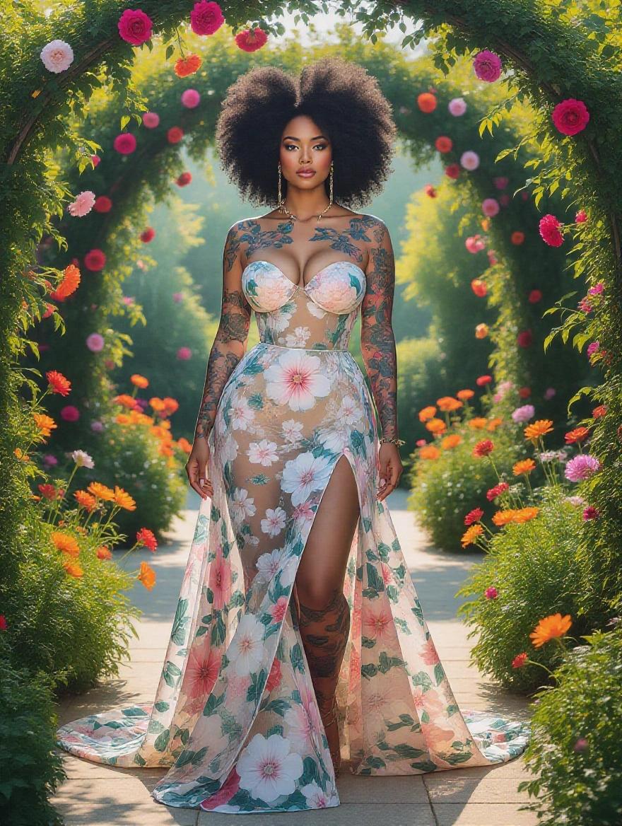 Portrait of an afro-american woman with floral tattoos standing in a vibrant garden. She is wearing a sheer gown with floral patterns. The setting contains various colorful flowers and greenery, creating a serene atmosphere. The style is a blend of intricate ink work and vibrant colors, evoking rich cultural influences.