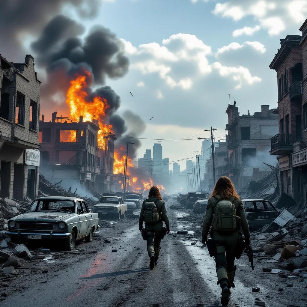 Wide shot of a devastated city. Buildings in flames. Rubble around. Destroyed cars. Two figures walking away.