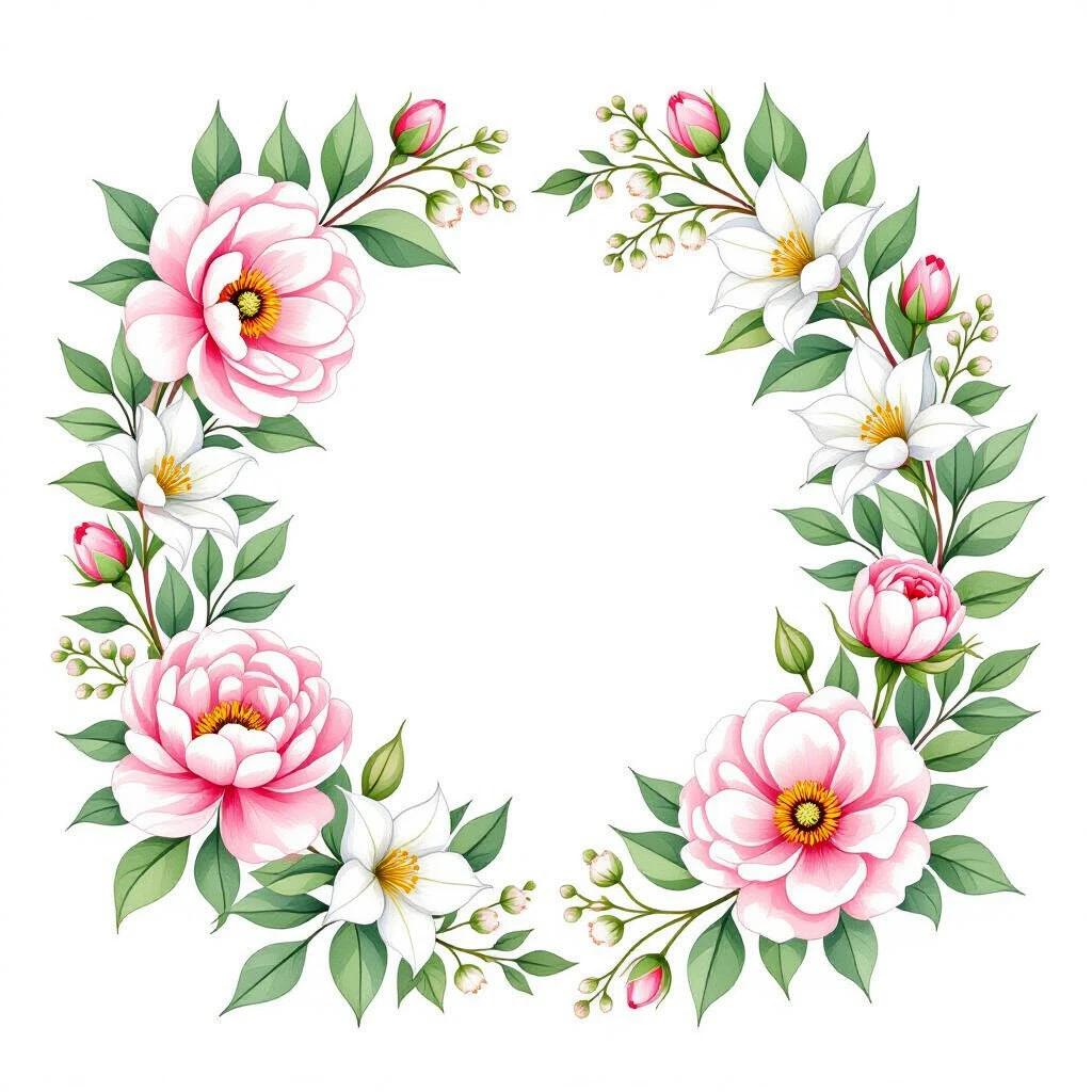 Floral design in watercolor style with soft lines and delicate flowers. Features clusters of white and pale pink peonies and lilies of the valley. Green leaves surround the flowers. Floral arrangement in a circular shape. Minimalist and romantic theme on white background. Bright and bold colors. High resolution